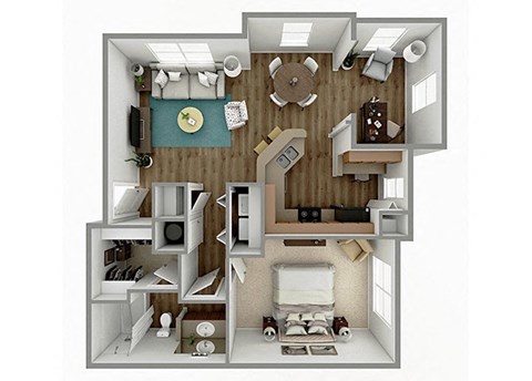 Floor plan for 1 bed, 1 bath, 886 sqft